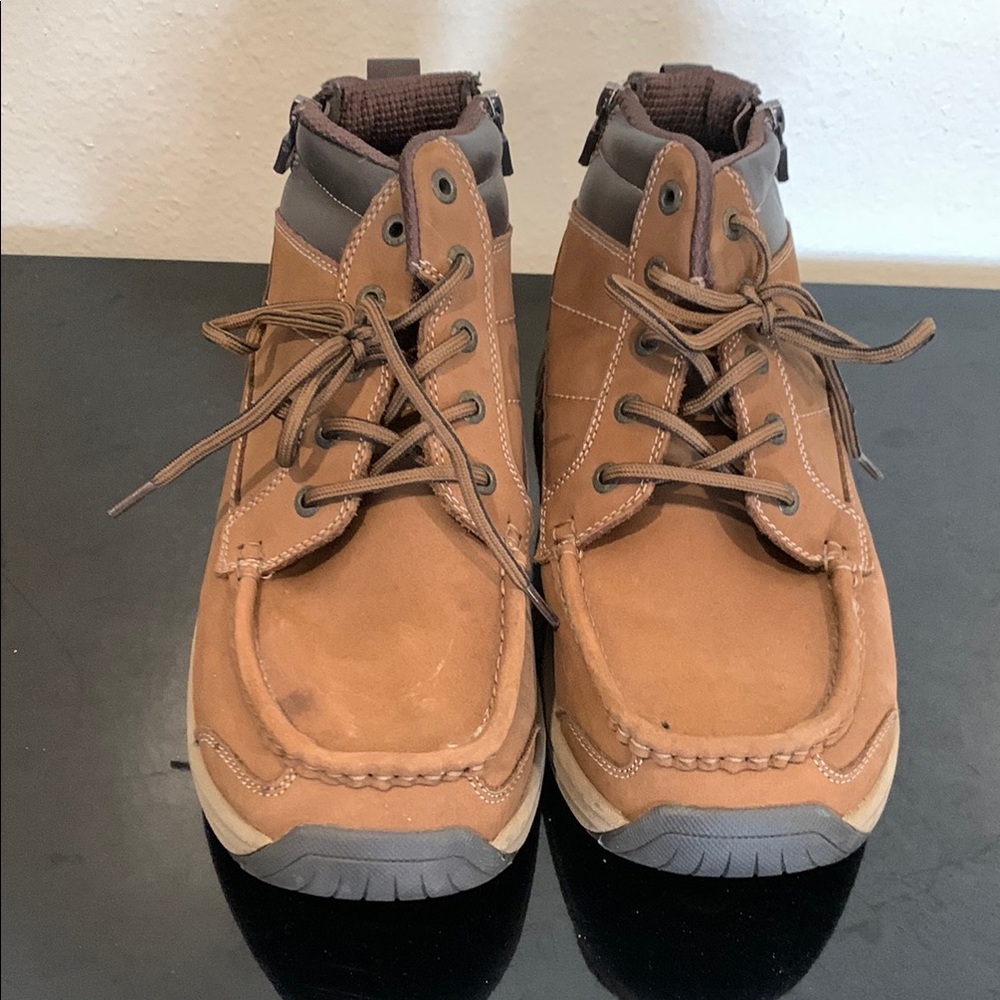 Tan and Brown Moccasin-Style Ankle Boots with Lace-Up Front